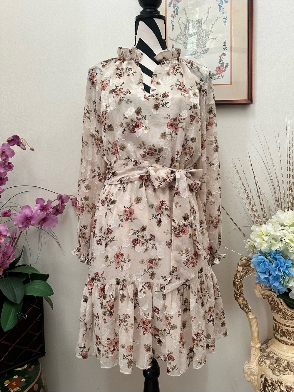 Ralph Lauren Cream Floral Ruffle Tiered Long Sleeve Dress